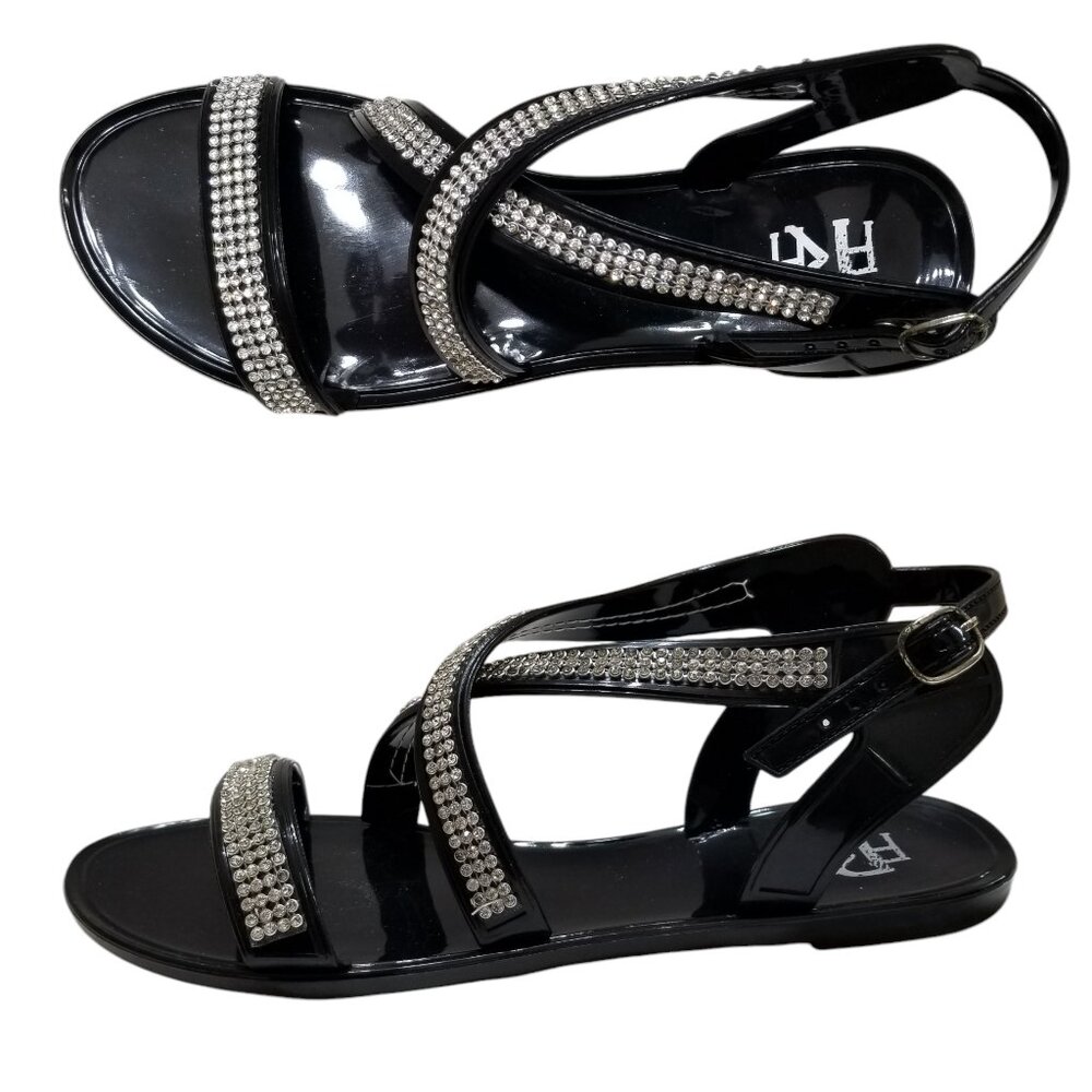 FARENHEIT Rhinestone Strappy Flat Jelly Sandals Womens Size 8 Black New In Box